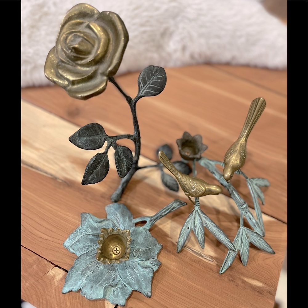 Fabulous Andrea by Sadek 3 Metal Brass figurines A Rose and 2 Candle Holders Set